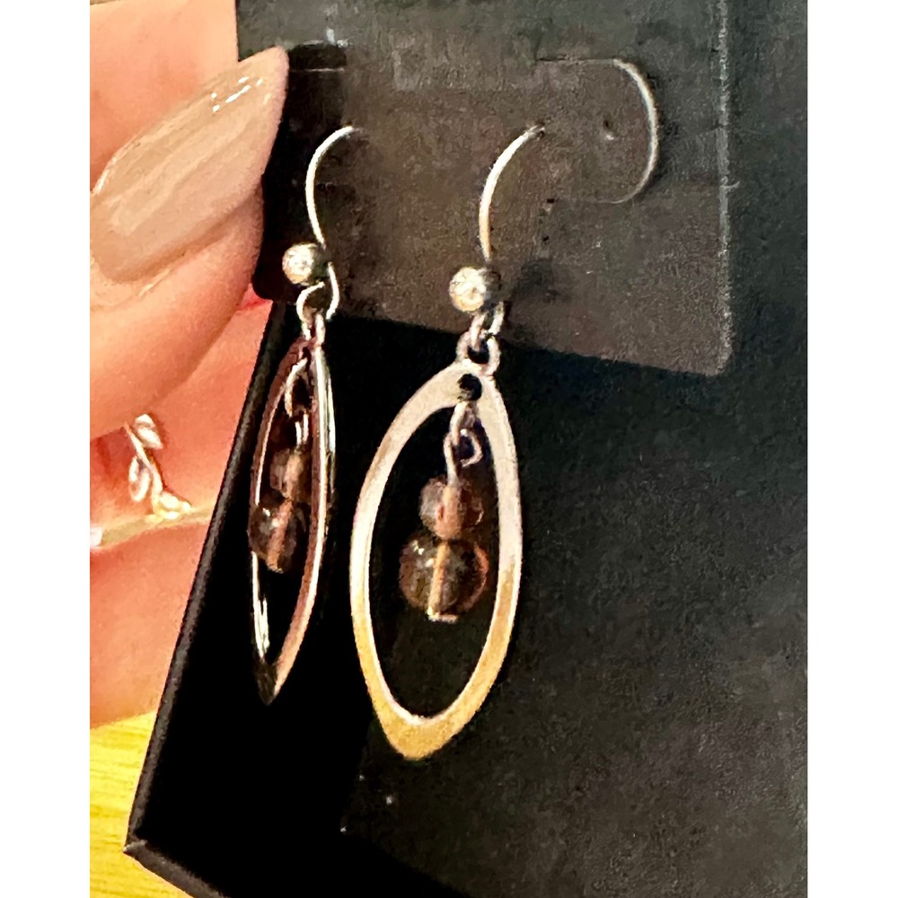 Chicos Lilybelle Silver Tone Oval Hoop Smoky Brown Beaded Drop Earrings NEW - Picture 7 of 8